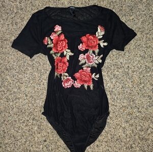 Forever 21 Black Bodysuit with Red Floral Design